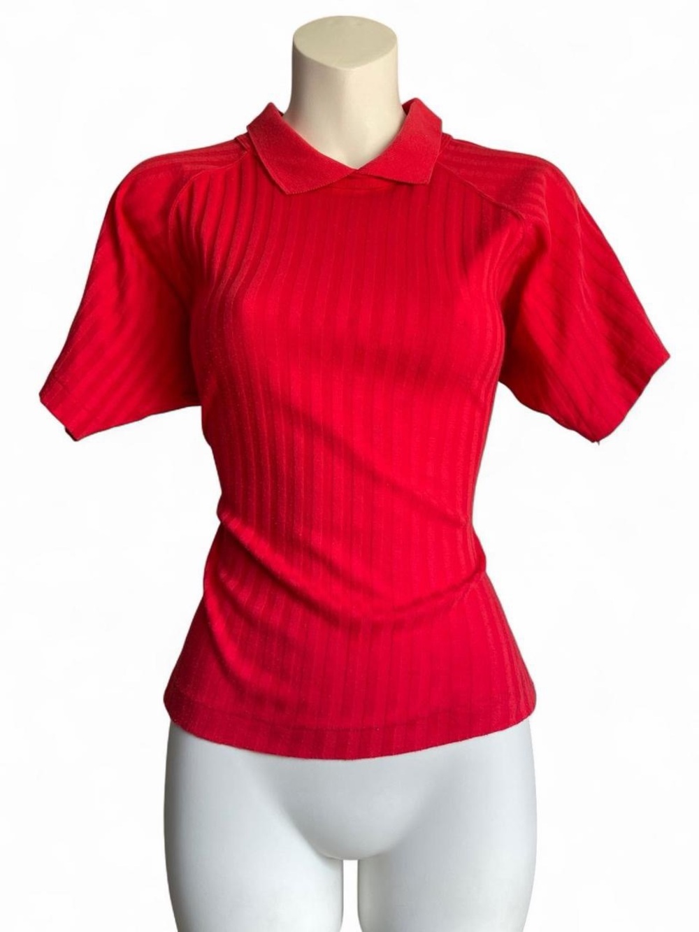 Fitted Red Ribbed Polo Short-Sleeve Top